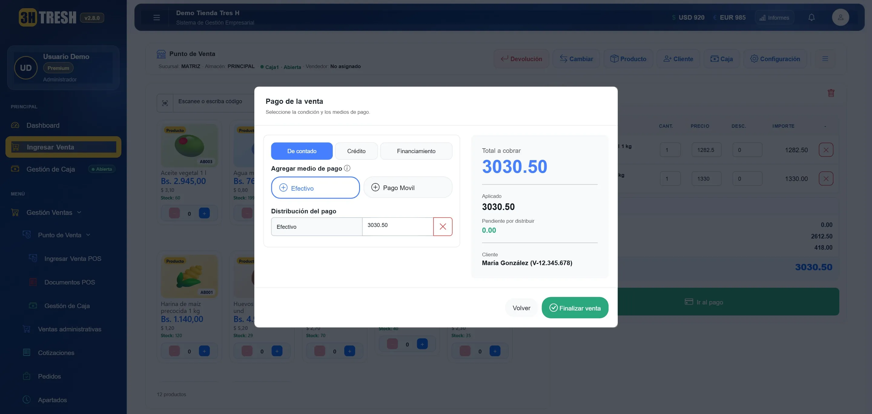 Paso 5 de una venta en el POS de TresH