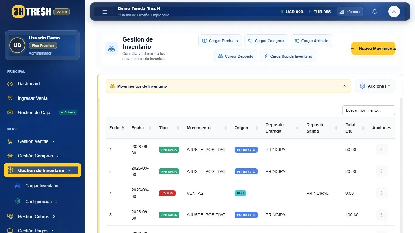 Módulo de inventario de TresH con movimientos de entrada y salida por depósito
