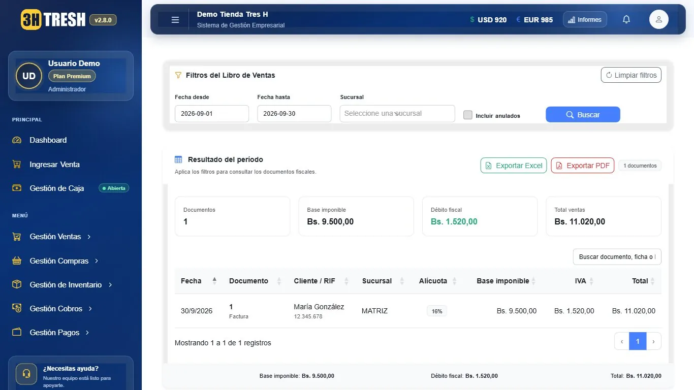 Libro de ventas de TresH con base imponible, IVA y total del período